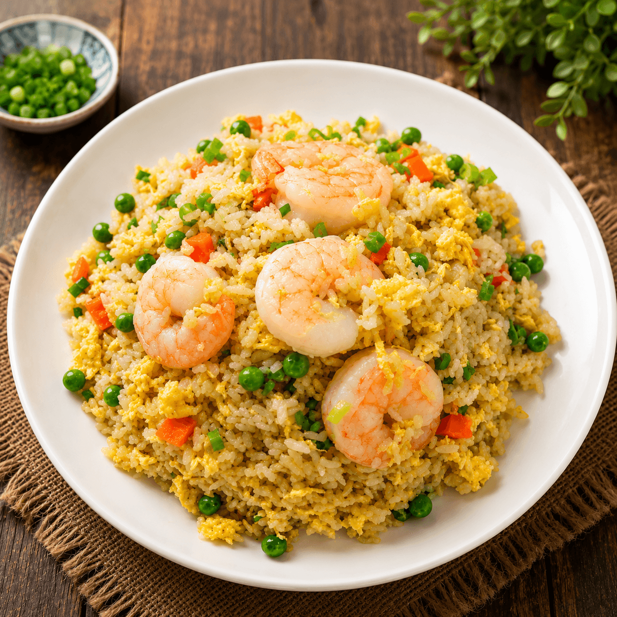 虾仁炒饭 - 鲜虾与米饭、时蔬一同翻炒,佐以香料调味,虾仁鲜嫩,为炒饭增添一丝海鲜的清香。 | 米饭和年糕类